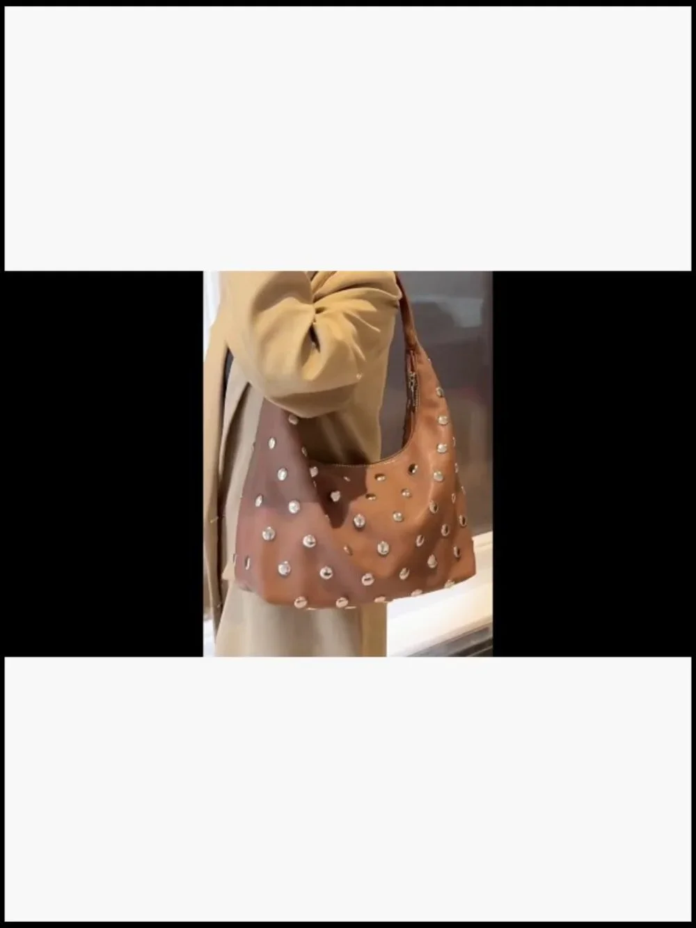 Studded Hobo Bag Vegan Leather Slouchy Tote Shoulder Handbag Purse